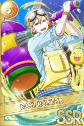 1boy artist_request black-framed_eyewear blonde_hair blue_background blue_eyes blue_shirt bracelet buttons card_(medium) character_name collared_shirt commentary_request cowboy_shot goggles goggles_on_head gold_bracelet hair_between_eyes hammer happy highres holding holding_hammer huge_weapon idolish7 jewelry light_particles male_focus monster multiple_bracelets official_art open_mouth over_shoulder overalls paint pocket rokuya_nagi second-party_source shirt short_hair sleeves_rolled_up smile solo sparkle teeth upper_teeth_only weapon weapon_over_shoulder yellow_overalls