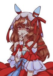 1girl \||/ absurdres animal_ears bare_shoulders blue_bow bow brown_hair dress dress_bow ear_ribbon hair_between_eyes hair_over_shoulder hair_ribbon hand_to_own_mouth hand_up highres horse_ears horse_girl layered_dress layered_sleeves long_hair long_sleeves mensoreimuremu multicolored_hair red_dress red_eyes red_ribbon ribbon shaded_face solo still_in_love_(umamusume) streaked_hair umamusume veil white_hair white_veil yandere