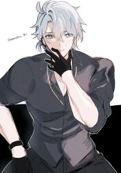 1boy absurdres amanatsu_710 black_background black_gloves black_pants black_shirt earclip gloves grey_hair hair_between_eyes half_gloves hand_up highres honkai:_star_rail honkai_(series) looking_at_viewer male_focus pants parted_bangs parted_lips pectoral_cleavage pectorals phainon_(fashion)_(honkai:_star_rail) phainon_(honkai:_star_rail) shirt short_hair sitting smile solo teeth twitter_username upper_body white_background yellow_pupils