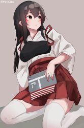 1girl akagi_(kancolle) apron black_hair brown_eyes commentary_request grey_background hakama hakama_short_skirt hakama_skirt highres japanese_clothes kantai_collection kimono kneeling looking_up miron_(mirona33) muneate one-hour_drawing_challenge red_hakama red_skirt simple_background skirt solo tasuki thighhighs white_kimono white_thighhighs