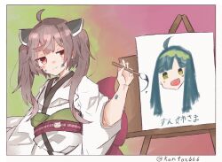 1girl ahoge back_bow blush_stickers bow brown_hair calligraphy_brush cat_ornament commentary_request easel from_below gradient_background highres holding holding_calligraphy_brush holding_paintbrush japanese_clothes kimono knife_hair_ornament konfox666 looking_at_viewer messy_hair obi paint_splatter paint_splatter_on_face paintbrush painting_(action) painting_(object) red_eyes sash simple_background sleeves_rolled_up smug touhoku_kiritan touhoku_zunko twintails twitter_username upper_body voiceroid white_kimono