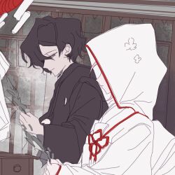 Rule 34 | 2boys, alternate costume, black hair, black kimono, chinese commentary, closed mouth, commentary request, crossdressing, flower knot, gao tongren wanjiebufu, grey eyes, hatsumoude, hatsutori hajime, highres, japanese clothes, kimono, long sleeves, male focus, multiple boys, new year, pink hair, red trim, saibou shinkyoku, shiromuku, short hair, smile, uchikake, utsugi noriyuki, wataboushi, white kimono