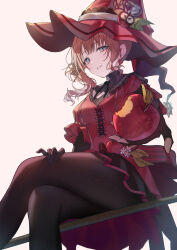 1girl absurdres apple apple_hair_ornament bitten_apple blue_eyes breasts broom broom_riding brown_gloves brown_hair brown_pantyhose dress food food-themed_hair_ornament food_bite fruit gloves grin hair_ornament hat highres long_hair looking_at_viewer mochizuki_honami pantyhose project_sekai red_dress red_hat sharing_food simple_background smile solo teeth thick_thighs thighs timmoo white_background witch_hat