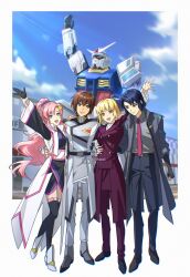 2boys 2girls arm_around_waist artist_name athrun_zala bad_tag black_gloves black_kimono black_pants blonde_hair blue_eyes blue_hair blue_sky brother_and_sister brown_hair buttons cagalli_yula_athha cloud compass_uniform double-breasted formal_clothes gloves green_eyes grey_jacket grey_shirt gundam gundam_seed gundam_seed_freedom hair_ornament hand_on_another&#039;s_shoulder highres jacket japanese_clothes kimono kira_yamato lacus_clyne long_hair looking_at_viewer lukaaa multiple_boys multiple_girls necktie outdoors pant_suit pants pink_hair purple_eyes red_necktie rx-78-2_gundam rx-78f00 shirt short_hair siblings sky smile suit twins twitter_username yellow_eyes