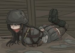 1girl ammunition_pouch arms_behind_back bad_link black_boots black_thighhighs blazer boots bound bound_arms bound_legs breasts brown_eyes brown_hair cloth_gag gag gagged grafhou helmet highres hogtie improvised_gag jacket long_hair looking_at_viewer medium_breasts military_uniform original pleated_skirt pouch shibari shibari_over_clothes skirt sweat thighhighs trench very_long_hair zettai_ryouiki