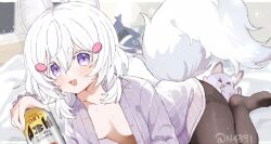 1girl animal_ears beer_can breasts can collared_shirt drink_can fox_ears fox_girl fox_tail h2osakana hair_ornament holding holding_can n4391 open_clothes open_mouth open_shirt pantyhose phase_connect purple_eyes shirt small_breasts tail tenma_maemi theo_(tenma_maemi) thighband_pantyhose twitter_username virtual_youtuber white_hair
