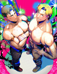Rule 34 | 2boys, ao isami, bara, blonde hair, blue eyes, bluesky username, commentary request, crossed arms, facial hair, grin, highres, large pectorals, lewis smith, looking at viewer, male focus, multiple boys, muscular, muscular male, nipples, official alternate costume, pectorals, rum31c, short hair, sideburns stubble, signature, smile, stubble, topless male, twitter username, wrestling outfit, yuuki bakuhatsu bang bravern