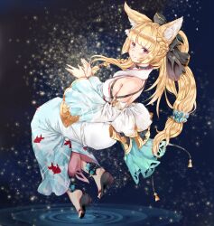 animal_ear_fluff animal_ears animal_print aqua_scrunchie backless_kimono black_ribbon black_sandals blonde_hair braid detached_sleeves erune fish_print glitter granblue_fantasy highres hinakisara japanese_clothes kimono pink_eyes ribbon sandals scrunchie yuisis_(granblue_fantasy) yukata