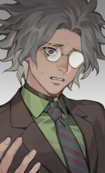 1boy bags_under_eyes black_jacket choker collared_shirt despair fingernails gradient_background green_shirt grey_background grey_eyes grey_hair jacket kimi_ga_shine male_focus messy_hair mishima_kazumi_(kimi_ga_shine) necktie round_eyewear shirt solo striped_necktie sweatdrop zoo_(oukakumaku)