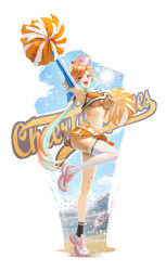 1girl :d absurdres aqua_hair aqua_panties breasts cheerleader crop_top highleg highleg_panties highres hololive hololive_english large_breasts leg_up midriff miniskirt multicolored_hair navel neocity222 open_mouth orange_hair orange_shirt orange_skirt panties pink_eyes pink_shoes pom_pom_(cheerleading) shirt shoes short_hair short_hair_with_long_locks skirt smile sneakers solo stomach streaked_hair takanashi_kiara thighhighs underboob underwear virtual_youtuber white_thighhighs