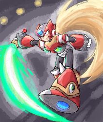 Rule 34 | 1boy, armor, blonde hair, blue eyes, chest jewel, clenched hand, clenched teeth, energy sword, forehead jewel, full body, grey background, helmet, highres, holding, holding sword, holding weapon, long hair, male focus, mega man (series), mega man x (series), meshiuma0x, red armor, red helmet, simple background, solo, sword, teeth, weapon, z saber, zero (mega man)