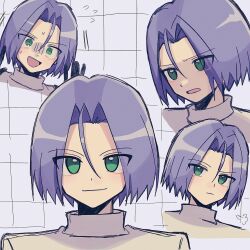 1boy green_eyes grey_background highres james_(pokemon) looking_at_viewer multiple_expressions nintendo pokemon pokemon_(anime) pokemon_(classic_anime) portrait sad scared smile solo solo_focus team_rocket team_rocket_uniform worried yunyun_n23