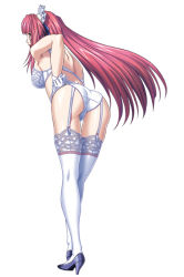 1girl ass bent_over bra breasts female_focus from_behind full_body garter_belt gloves high_heels lace lace-trimmed_legwear lace_trim legs lingerie long_hair lycoris_radiata maid_headdress panties red_eyes red_hair shoes simple_background solo thigh_gap thighhighs tsuzuri_(lycoris_radiata) underwear underwear_only very_long_hair white_panties white_thighhighs yokota_mamoru