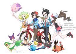 2boys 2girls artist_name bianca_(pokemon) bicycle cheren_(pokemon) commentary_request gen_5_pokemon hilbert_(pokemon) hilda_(pokemon) multiple_boys multiple_girls nintendo oshawott pokemon pokemon_(creature) pokemon_bw pokepokekonpeki signature simple_background snivy starter_pokemon_trio tepig twitter_username