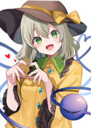 Rule 34 | 1girl, absurdres, black hat, blush, bow, buttons, collared shirt, commentary request, diamond button, eyeball, four-finger heart hands, frilled shirt collar, frilled sleeves, frills, green eyes, green hair, hat, hat bow, heart, heart hands, heart of string, highres, komeiji koishi, long sleeves, looking at viewer, meimei (meimei89008309), open mouth, shirt, simple background, smile, solo, third eye, touhou, white background, wide sleeves, yellow bow, yellow shirt