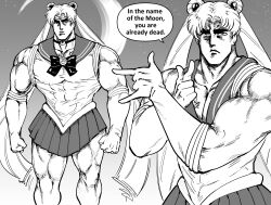 1boy absurdres bb_(baalbuddy) bishoujo_senshi_sailor_moon cosplay crescent english_text greyscale highres hokuto_no_ken kenshiro monochrome muscular muscular_male sailor_moon sailor_moon_(cosplay) sailor_moon_pose solo speech_bubble tsuki_ni_kawatte_oshioki_yo twintails