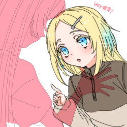 2girls anyoji_hime anyoji_hime_(summer_loungewear) blonde_hair blue_eyes blue_hair brown_shirt commentary_request fang gradient_hair hair_ornament hairclip link!_like!_love_live! long_hair long_sleeves looking_at_another love_live! multicolored_hair multiple_girls official_alternate_costume open_mouth osawa_rurino osawa_rurino_(summer_loungewear) shinanoya_(satanicad) shirt short_sleeves simple_background translation_request upper_body virtual_youtuber white_background