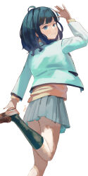 Rule 34 | 1girl, ahoge, black socks, blazer, blue eyes, blue hair, closed mouth, commentary, grey skirt, hand up, highres, jacket, long sleeves, looking back, make heroine ga oo sugiru!, medium hair, pleated skirt, rurikon, school uniform, signature, simple background, skirt, socks, solo, standing, standing on one leg, thighs, tsuwabuki high school uniform, white background, white jacket, winter uniform, yanami anna