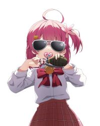 Rule 34 | 1girl, aged down, ahoge, alternate costume, bell, bow, bowtie, cat hair ornament, collared shirt, explosive, facing viewer, flower, green eyes, grenade, grenade pin, hair flower, hair ornament, highres, holding, holding grenade, hololive, jingle bell, long sleeves, mouth hold, neck bell, one side up, pacifier, pink hair, pink skirt, plaid clothes, plaid skirt, red bow, red bowtie, sakura miko, shadow, shirt, short hair, shukusei!! loli-kami requiem, skirt, solo, sparkle, sunglasses, virtual youtuber, white background, white shirt, yuusha 04