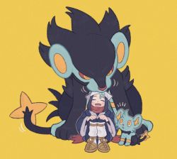 1girl :d akari_(pokemon) black_hair black_pantyhose black_shirt blush brown_footwear closed_eyes commentary_request eyelashes gen_4_pokemon grey_jacket grey_skirt headscarf highres jacket loose_socks luxray mt_kkrd nintendo open_mouth pantyhose pokemon pokemon_(creature) pokemon_legends:_arceus shinx shirt shoes sidelocks simple_background sitting skirt smile socks tongue white_headscarf white_headwear white_pantyhose yellow_background