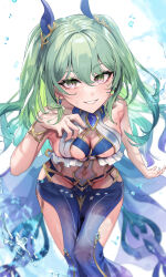 1girl :d absurdres anzu0130 blue_dress blue_nails breasts cleavage commentary_request dress earrings green_eyes green_hair grin highres honkai_(series) honkai_impact_3rd jewelry long_hair looking_at_viewer medium_breasts mobius_(daughter_of_corals)_(honkai_impact) mobius_(honkai_impact) nail_polish official_alternate_costume open_mouth revision simple_background single_earring slit_pupils smile solo swimsuit teeth tsurime very_long_hair water wet white_background