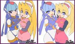 Rule 34 | 2girls, artist progress, blonde hair, blue eyes, bodysuit, breasts, ciel (mega man), closed mouth, comparison, dated, fairy leviathan (mega man), gloves, hair between eyes, high ponytail, long hair, looking at viewer, mega man (series), mega man zero (series), multiple girls, open mouth, ponytail, semikichi, simple background, skirt, smile, thighhighs, white background, white gloves