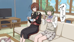 2girls aketa_mikoto black_jacket black_skirt black_sweater blonde_hair blue_bow blue_eyes bow bowl brown_eyes brown_hair brown_nails chain chain_necklace closed_eyes commentary_request controller couch dot_nose eating floral_print game_console game_controller green_hair highres holding holding_bowl holding_spoon idolmaster idolmaster_shiny_colors jacket jewelry ladle long_sleeves looking_at_another masking_tape multicolored_eyes multicolored_hair multiple_girls nanakusa_nichika necklace on_couch open_mouth plaid_clothes plaid_skirt red_jacket rice_porridge rug shaking shirt short_hair sitting skirt spoon sweat sweater sweater_vest television translated two-tone_eyes white_shirt yuyohe