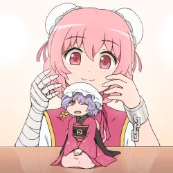 Rule 34 | 2girls, bandaged arm, bandages, blush, chain, china dress, chinese clothes, closed mouth, cuffs, double bun, dress, hair between eyes, hair bun, ibaraki kasen, japanese clothes, kimono, long sleeves, looking at another, looking up, mini person, minigirl, multiple girls, obi, one eye closed, open mouth, pink eyes, pink hair, purple hair, red eyes, sash, seiza, shackles, shirosato, short hair, sitting, smile, sukuna shinmyoumaru, touhou, v arms, zun hat