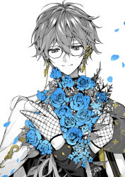 1boy blue_flower blue_rose closed_mouth earrings eyewear_strap falling_petals fishnet_gloves fishnets flower glasses gloves hair_between_eyes highres ike_eveland ike_eveland_(1st_costume) jewelry light_smile long_sleeves male_focus nijisanji nijisanji_en partially_colored petals quilldren_(ike_eveland) rose signature simple_background solo tcb upper_body virtual_youtuber white_background