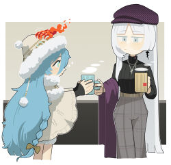 2girls 37_(maidjump_goods_cafe)_(reverse:1999) 37_(reverse:1999) beanie black_sweater blue_eyes blue_hair border cowboy_shot cup daku_k dikke_(reverse:1999) disembodied_hand earrings giving grey_background grey_eyes grey_pants hand_on_another&#039;s_head hat highres holding holding_cup holding_unworn_clothes holding_unworn_scarf jewelry long_hair looking_at_another mug multiple_girls newsboy_cap official_alternate_costume outside_border pants pom_pom_(clothes) pom_pom_beanie profile purple_hat purple_scarf reverse:1999 scarf single_earring sparkle steam sweater unworn_scarf very_long_hair white_border white_hair yellow_cloak yellow_hat