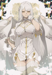 1girl absurdres breasts drawing dress gloves highres huge_filesize jin_rou large_breasts mole mole_under_eye original short_dress smile solo thighhighs white_hair yellow_eyes zettai_ryouiki