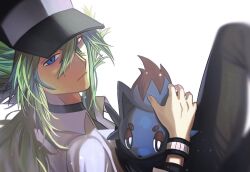 Rule 34 | 1boy, baseball cap, black pants, black shirt, blue eyes, closed mouth, gen 5 pokemon, green hair, hair between eyes, hat, long hair, looking at viewer, male focus, n (pokemon), nintendo, on lap, pants, petting, pokemon, pokemon (creature), pokemon bw, pokemon on lap, ponytail, shirt, sitting, zero (sleepy meltan), zorua