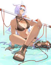 1152474962 1girl absurdres animal_ears bare_arms bare_shoulders bikini black_bikini blue_eyes body_markings breasts caenis_(fate) caenis_(swimsuit_rider)_(fate) caenis_(swimsuit_rider)_(first_ascension)_(fate) crossed_legs dark-skinned_female dark_skin eyewear_on_head fate/grand_order fate_(series) hair_between_eyes harpoon highres holding holding_harpoon holding_weapon large_breasts long_hair looking_at_viewer ocean one-piece_swimsuit outdoors sandals sitting smile solo sunglasses swimsuit thighs toes very_long_hair wading water weapon white_hair white_nails