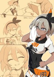 1girl bea_(pokemon) black_bodysuit black_bow black_hairband bodysuit bodysuit_under_clothes bottle bow clenched_hands closed_eyes closed_mouth comic commentary_request covered_navel cowboy_shot creatures_(company) dark-skinned_female dark_skin gallade game_freak gen_1_pokemon gen_2_pokemon gen_4_pokemon gloves grey_eyes grey_hair gym_leader hair_between_eyes hairband hand_on_own_hip head_tilt hitmontop kicking looking_at_another lucario machoke muutsuki nintendo one_eye_closed outline pokemon pokemon_(creature) pokemon_swsh sepia shirt short_hair short_sleeves shorts single_glove sitting smile standing sweat tied_shirt towel training twitter_username water_bottle white_outline white_shirt white_shorts wing_collar wiping_face wiping_sweat