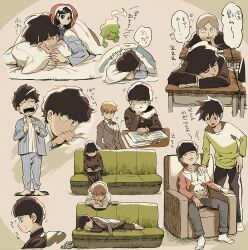 Rule 34 | 4boys, aoki (fumomo), arms on table, asymmetrical hair, barefoot, black jacket, black pants, blazer, blonde hair, blue pajamas, blue pants, blue shirt, blunt bangs, blush stickers, brothers, brown background, business suit, buttons, character request, closed eyes, collared jacket, collared shirt, couch, cropped legs, cropped torso, denim, desk, dreaming, drooling, ekubo (mob psycho 100), exhausted, feet, formal clothes, full body, futon, gakuran, ghost, grey jacket, grey pants, grey suit, hair between eyes, hand on another&#039;s shoulder, happy, high collar, hood, hoodie, jacket, jacket on shoulders, jeans, kageyama ritsu, kageyama shigeo, lapels, layered sleeves, light blush, long sleeves, looking at another, lying, male focus, messy hair, mob psycho 100, multiple boys, multiple views, necktie, notched lapels, notice lines, on chair, on couch, on stomach, open mouth, pajamas, pants, pillow, pink lips, pink necktie, red hoodie, reigen arataka, school desk, school uniform, sheep print, shirt, siblings, sitting, sleeping, smile, socks, sparkle, speech bubble, spiked hair, spoken character, striped clothes, striped pants, striped shirt, suit, sweatpants, takane tsubomi, thick lips, thought bubble, toes, translation request, underwear, vertical-striped clothes, vertical-striped pants, vertical-striped shirt, white shirt, white socks, yawning