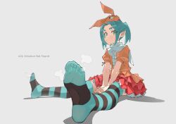 1girl aqua_hair aqua_thighhighs black_thighhighs closed_mouth dress eflo_(794753336) flat_chest from_side full_body green_eyes grey_background highres light_blush looking_at_viewer monogatari_(series) ononoki_yotsugi orange_dress pointy_ears red_skirt shadow short_eyebrows short_hair short_twintails simple_background sitting skirt smell soles solo striped_clothes striped_thighhighs thighhighs toes twintails