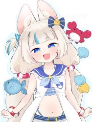 1girl :3 animal_ear_fluff animal_ears bikini bikini_under_clothes blue_bikini blue_eyes blue_hair cat_ears crab fang fish indie_virtual_youtuber kaniki_(sameko_saba) loli low_twintails multicolored_hair nakajima_lupus navel open_mouth sameko_saba sameko_saba_(fish) simple_background streaked_hair swimsuit twintails virtual_youtuber