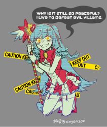 blue_hair bow caution_tape crazy crazy_eyes crazy_smile english_text full_body kneeling ko-on_(ningen_zoo) lobotomy_corporation long_hair magical_girl project_moon queen_of_hatred signature smile solo speech_bubble staff very_long_hair white_legwear wide-eyed yellow_theme
