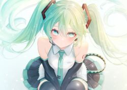 1girl absurdres aqua_hair aqua_necktie armpit_crease arms_between_legs bare_shoulders black_skirt blush boots breasts cattleine closed_mouth collarbone collared_shirt detached_sleeves hair_between_eyes hair_ornament hatsune_miku headphones highres long_hair long_sleeves looking_at_viewer medium_breasts miniskirt necktie pleated_skirt shirt simple_background skirt solo thigh_boots twintails very_long_hair vocaloid white_background white_shirt