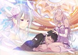 10s 1boy 1girl arch bare_shoulders blunt_bangs blush braid closed_eyes comforting crying detached_sleeves dress elf emilia_(re:zero) feathers flower formal_clothes full_body gem green_gemstone hair_flower hair_ornament headpat highres indoors kneehighs lap lap_pillow long_hair long_sleeves lying md5_mismatch multiple_views natsuki_subaru novel_illustration official_art on_stomach ootsuka_shin&#039;ichirou pillar pink_flower pink_socks pointy_ears purple_eyes re:zero_kara_hajimeru_isekai_seikatsu round_teeth seiza short_hair silver_hair sitting smile socks sparkle suit tears teeth thighhighs white_socks wince x_hair_ornament