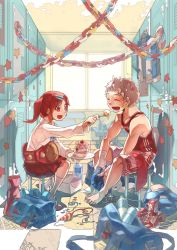 1boy 1girl :d bad_id bad_pixiv_id bag bandages bandaid barefoot belt boots bottle boxer boxing_gloves boxing_headgear brown_hair cake championship_belt closed_eyes duffel_bag feeding food fork hair_ornament hairclip hakama hakama_short_skirt hakama_skirt hat helmet indoors jacket japanese_clothes locker locker_room long_hair megaphone mizuki_(4985964) open_mouth original paper_chain party_hat red_eyes red_hair shoes short_hair shorts side_ponytail sitting skirt slippers smile socks star_(symbol) stool tank_top tile_floor tiles towel unworn_shoes water_bottle window