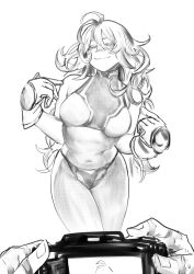 1boy 1girl absurdres amano44 bikini boku_no_hero_academia camera closed_mouth gloves greyscale hagakure_toru highres holding holding_camera long_hair looking_at_viewer midoriya_izuku monochrome navel pointing pointing_at_self pov scar scar_on_hand swimsuit taking_picture unusually_visible