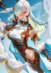 1girl black_bodysuit black_gloves blue_eyes blush bodysuit braid breasts calamity_queller_(genshin_impact) clothing_cutout covered_navel elbow_gloves genshin_impact gloves hair_ornament hair_over_one_eye highres hip_vent large_breasts long_hair long_sleeves looking_at_viewer low-braided_long_hair low-tied_long_hair parted_lips partially_fingerless_gloves polearm puffy_long_sleeves puffy_sleeves shenhe_(genshin_impact) shoulder_cutout smile solo spear tabard tassel thighs very_long_hair weapon white_hair zumi_(zumidraws)