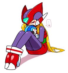 1girl android bliss_zero_(mega_man) blonde_hair full_body genderswap genderswap_(mtf) heart helmet long_hair mega_man_(series) mega_man_zero_(series) miniskirt simple_background sitting skirt speech_bubble spoken_heart white_background x_(mega_man) yuriyuri_(ccc) zero(z)_(mega_man) zero_(mega_man)
