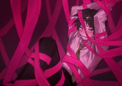 Rule 34 | 1boy, alternate eye color, arms up, bdsm, belt, black-framed eyewear, black belt, black hair, black pants, blurry edges, blush, bound, bound arms, bound leg, bound torso, bound wrists, desperation, drooling, e.g.o (project moon), eyewear on head, feet out of frame, gag, gagged, glasses, green necktie, highres, k corp, leg up, limbus company, long sleeves, looking at viewer, male focus, mouth hold, necktie, no jacket, nose blush, open collar, pants, pink eyes, pink ribbon, project moon, raised inner eyebrows, reclining, rectangular eyewear, restrained, ribbon, ribbon bondage, ribbon in mouth, roseate desire (e.g.o), saliva, samjo (project moon), shirt, short hair, suspension, sweat, tearing up, three quarter view, very sweaty, vignetting, white shirt, wing collar
