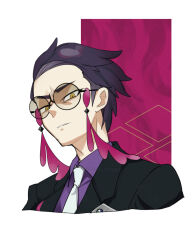 1boy black-framed_eyewear black_jacket collared_shirt commentary_request corbeau_(pokemon) cropped_shoulders dabu_(dabuchan) highres jacket lapels looking_down male_focus nintendo parted_lips pokemon pokemon_legends:_z-a purple_hair purple_shirt round_eyewear shirt short_hair sideburns solo suit_jacket tassel white_background wing_collar yellow_eyes