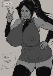 1girl abs angry bare_shoulders black_hair black_thighhighs bleach bleach:_sennen_kessen-hen collarbone dark-skinned_female dark_skin duo_kawa english_text female_focus hair_ornament hand_on_own_hip highres long_hair open_mouth parted_bangs ponytail shihouin_yoruichi simple_background speech_bubble thighhighs