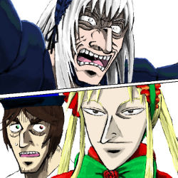 3girls akagi akagi:_yami_ni_oritatta_tensai akagi_shigeru blonde_hair brown_hair facial_hair fukumoto_mahjong goatee_stubble heterochromia ichikawa_(akagi) man_face multiple_girls nangou nangou_(akagi) parody rozen_maiden shaded_face shinku silver_hair souseiseki stubble suigintou sweatdrop