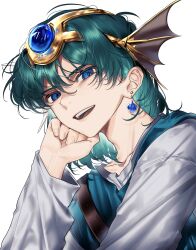 1boy absurdres aqua_hair aqua_tunic belt blue_eyes blue_gemstone brown_belt collarbone commentary_request dragon_quest dragon_quest_iv earrings fins gem hand_on_own_cheek hand_on_own_face head_fins headpiece hero_(dq4) highres jewelry looking_at_viewer looking_to_the_side male_focus medium_hair open_mouth shirt single_earring slime_(dragon_quest) smile solo teeth tunic upper_body upper_teeth_only white_background white_shirt wmj_es