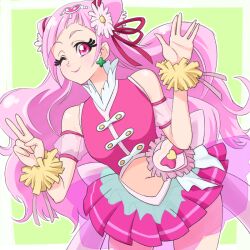 1girl blush closed_mouth crop_top cure_yell detached_sleeves double_bun earrings flower hair_bun hair_flower hair_ornament hair_ribbon hugtto!_precure jewelry lipstick long_hair magical_girl makeup midriff navel nono_hana pink_eyes pink_hair pink_shirt pink_skirt pleated_skirt precure red_ribbon ribbon see-through_clothes see-through_sleeves shirt skirt smile solo wrist_cuffs yoshihisa_(user_83135390)